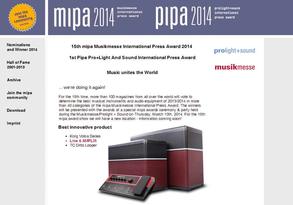 全球的 MIPA 大奖，2014年属于Line6 的AMPLIFi系列产品